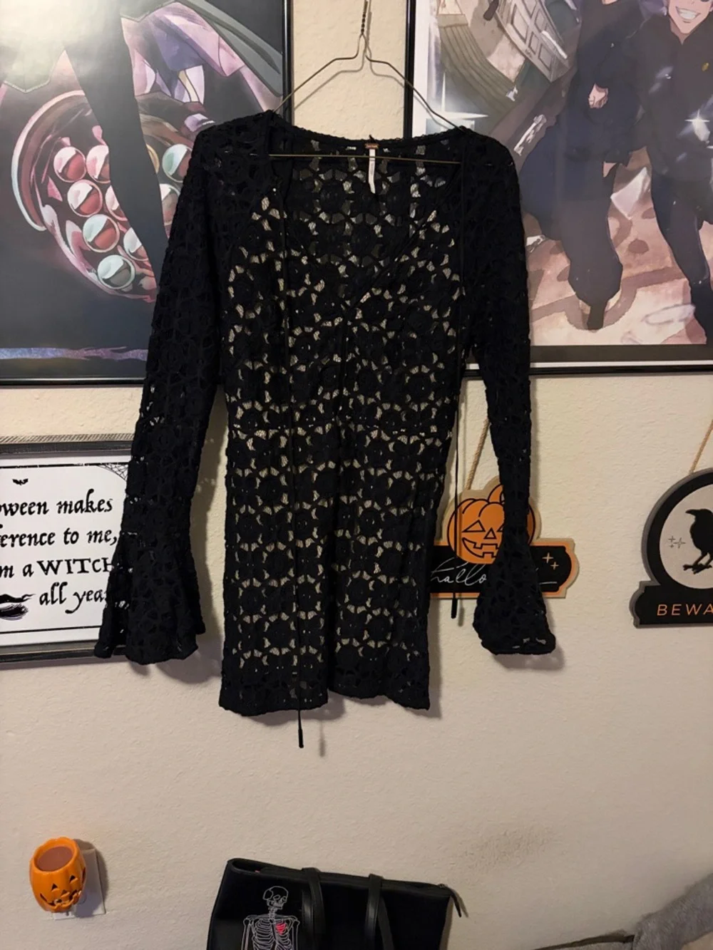 Free People Black Crochet Long Sleeve Tunic Dress - Picture 1 of 2
